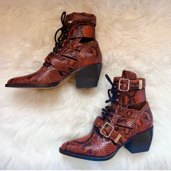 New! CHLOE Rylee Snake-Effect Leather Ankle Boots | Lace-Up Cutout Block Heel - Picture 9 of 16